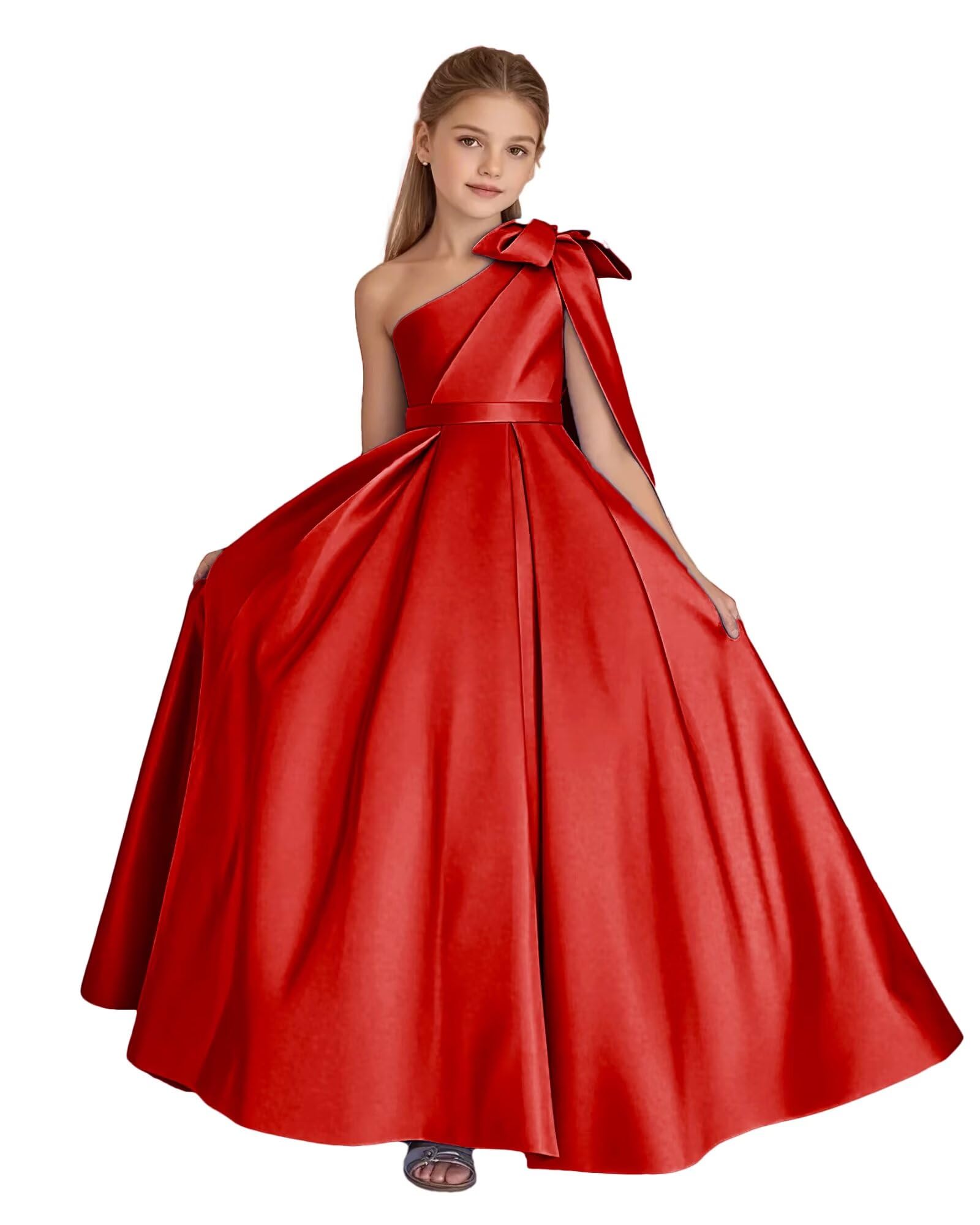ETEVVU One Shoulder Flower Girl Dress Satin Pageant Dresses First Communion Dress with Bow Ball Gown