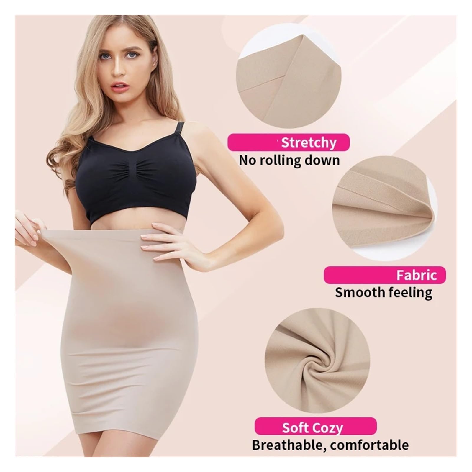 Robe Sans Couture Pour Le Ventre Et La Hanche Jupon anti-adhérent au-dessus du genou, demi-jupe for robe, vêtement gainant, modelant le corps, sous-vêtement lisse, contrôle du ventre, jupe courte Pour