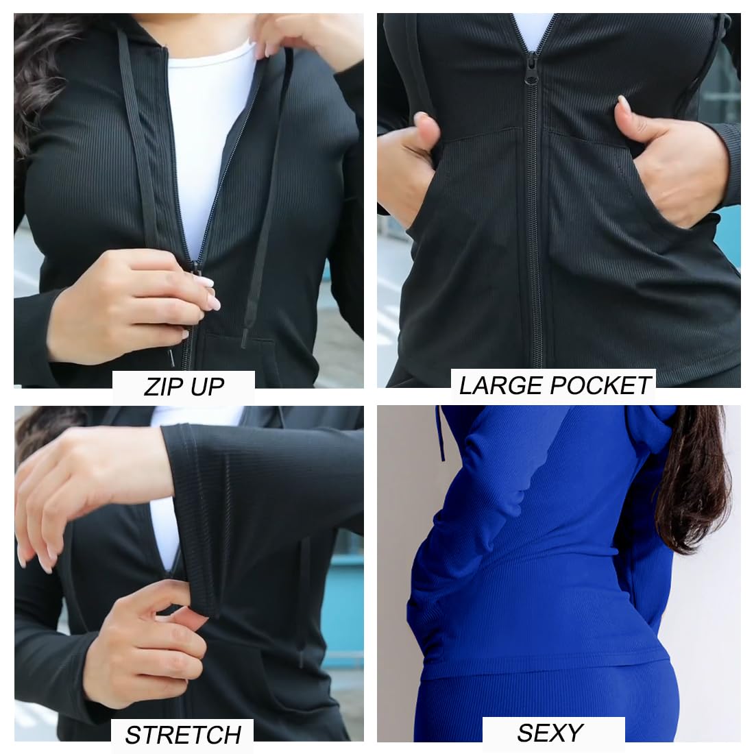 YeGine Conjunto deportivo de 2 piezas para mujer, conjunto de chándal de manga larga a juego, sudadera con capucha y chaqueta para correr