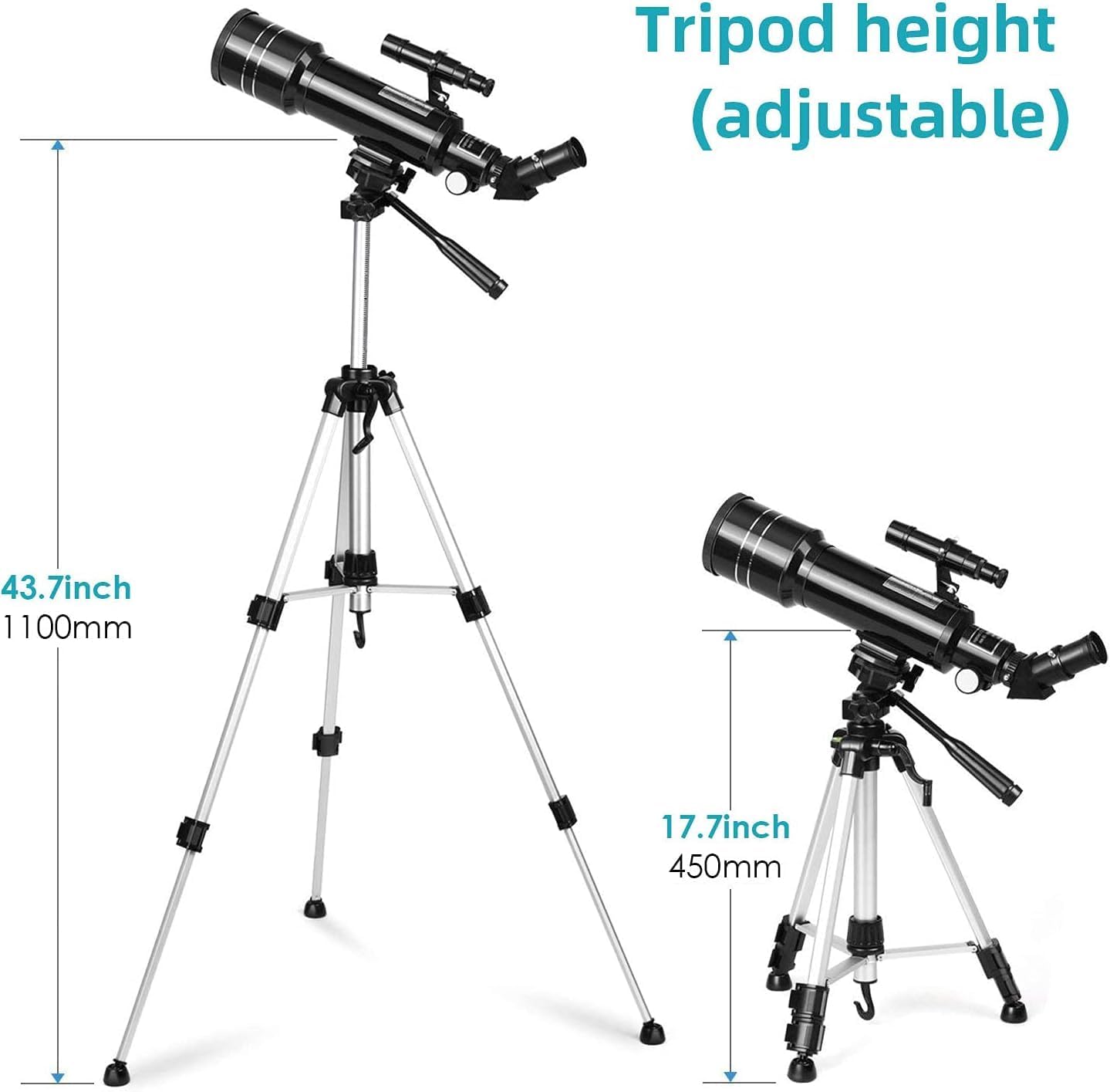 Adjustable tripod height ranging from 17.7 inches to 43.7 inches