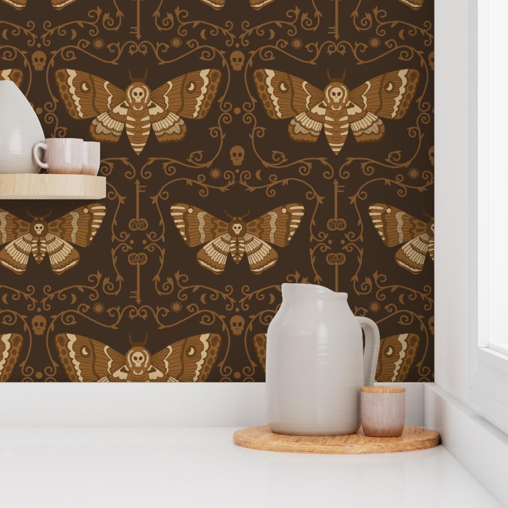 Spoonflower Peel & Stick Wallpaper 3ft x 2ft - Dark Academia Moth Brown Spooky Lunar Forest Custom Removable Wallpaper