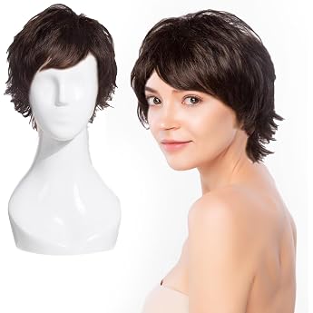 EUPSIIU Pixie Cut Wig Short Pixie Wig for Women Natural Short Layered with Bangs Synthetic Hair for Daily Wig Cosplay Party Dark Brown