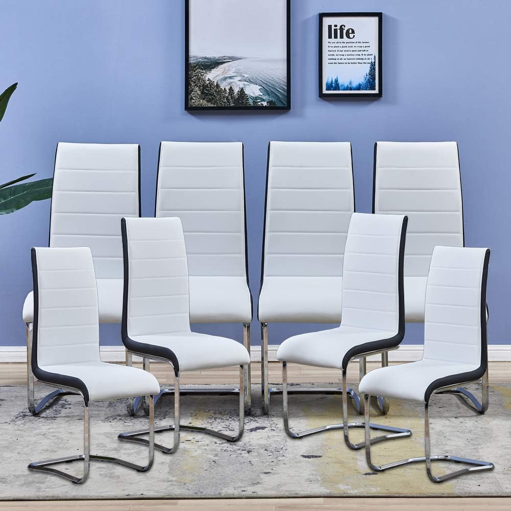Modern Dining Chairs with Chrome Loop Legs Design, Comfortable Kitchen Chairs with Faux Leather Padded Seat for Kitchen, Living, Bedroom, Dining Room Side Chairs Set of 2 (White) : Everything Else