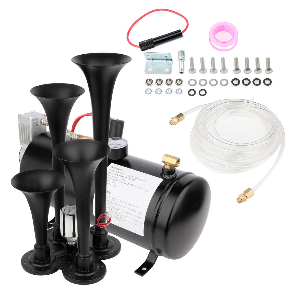 Air Horn Kit, 12V 150db Super Loud 4 Trumpet Train Car Air Horn 150 PSI Air Compressor Tank System Kit for Trucks Cars Boats Vans