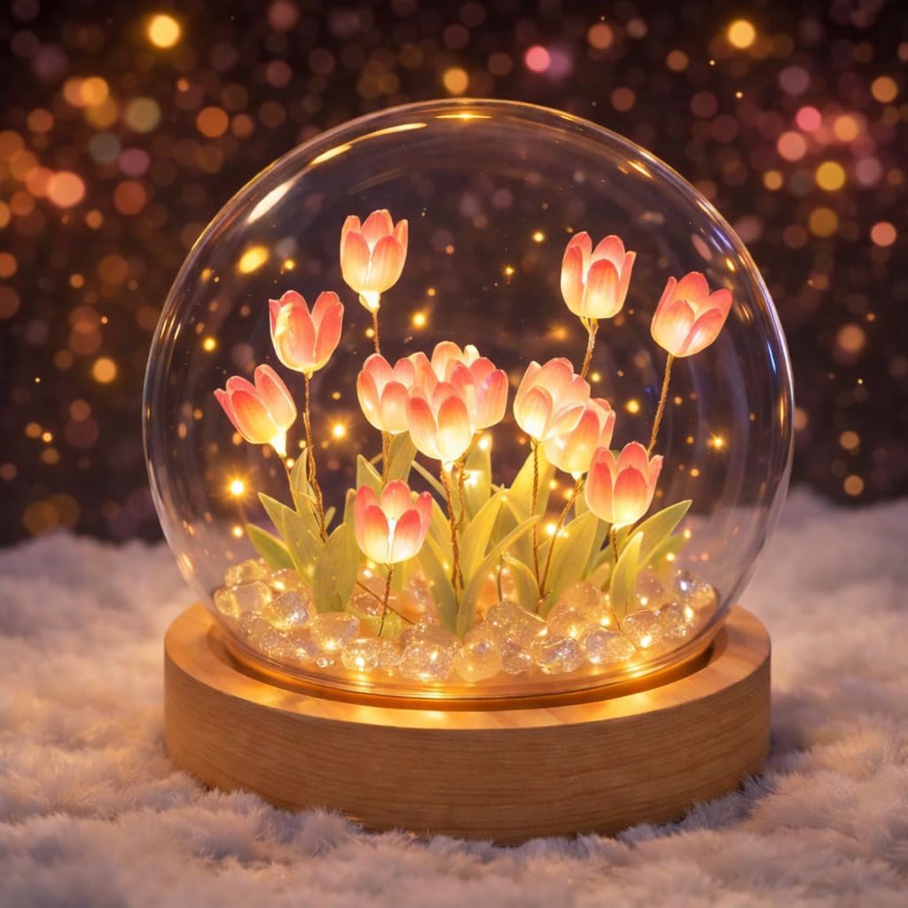 Tulip Night Light, USB Powered LED Flower Lamp with Glass Dome and Wooden Base, Artificial Tulip Decor Lamp for Bedroom Desk Shelf Tabletop, Birthday Mother’s Day Gifts for Women Mom Wife