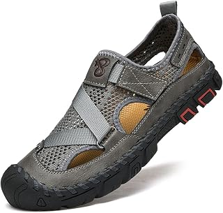 QINGCOMFACAI Mens Summer Casual Closed Toe Leather Handmade Sandals Outdoor Fisherman Beach Shoes For Outdoor Walking Driving