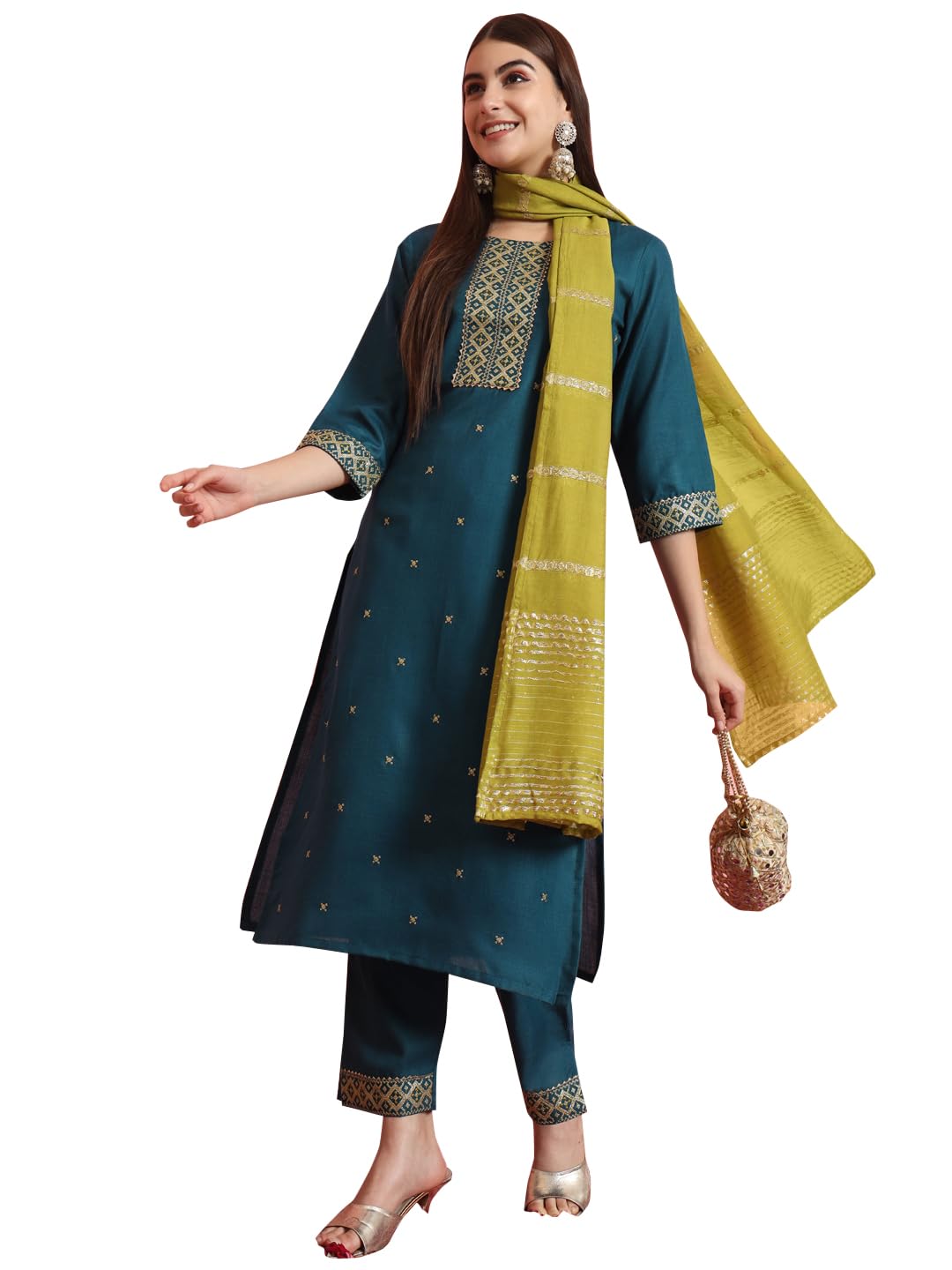 VredeVogel Women’s Cotton Silk Blend Embroidered Kurta with Pant & Viscose Print Dupatta Set VredeVogel Women’s Cotton Silk Blend Embroidered Kurta with Pant & Viscose Print Dupatta Set