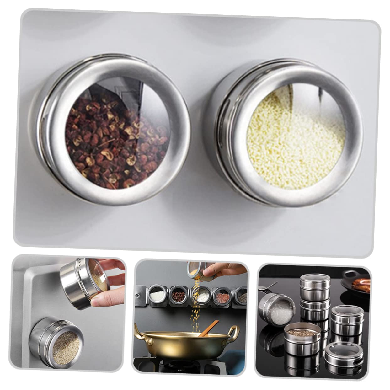 KICHOUSE Stainless Steel Salt Jar Condiment Container Lid Kitchen Seasoning Shaker Set Pepper Dispenser for Family