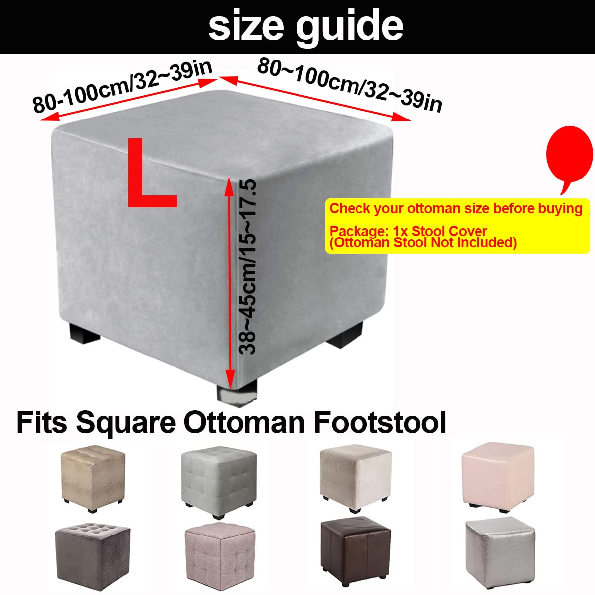 XGANGM Small Square Footstool Cover Velvet Stretch Ottoman Cover Slipcovers Medium/Large Square Ottoman Cover Square for Square Leather/Fabric Storage Ottoman Footstool,Red,L80~100cm