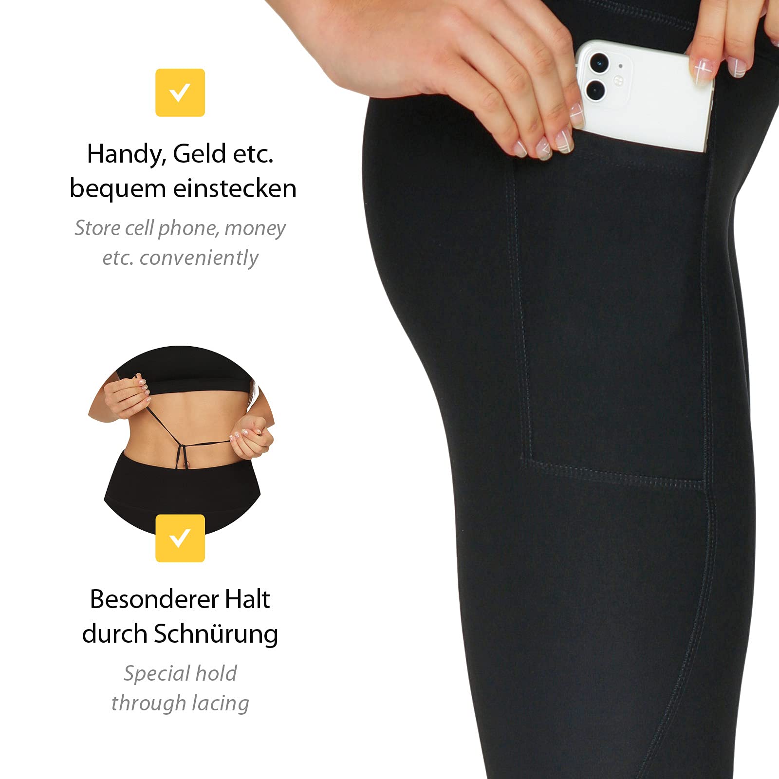 Variosports Sport Capri 3 4 Donna con 2 Scomparti Laterali per Telefono Cellulare, Chiavi, Carta di Credito e Co. Fitness Sport Collant Sportivo Brazil Modello Yoga Noir