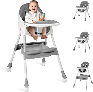 Ktaxon Foldable 2-in-1 Baby High Chair: Portable Highchair with 5-Point Harness, Easy Clean Trays & Storage Bag for Toddlers, Grey