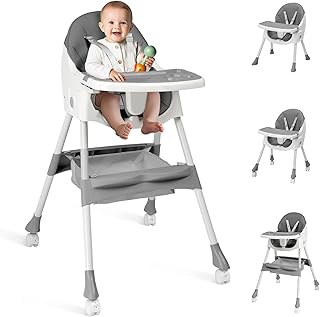 Ktaxon Foldable Baby High Chair, 2-in-1 Portable Convertible Highchair with Removable Dual-Layer Tray, 5-Point Safety Harness and Storage Bag for Toddlers & Babies, Grey