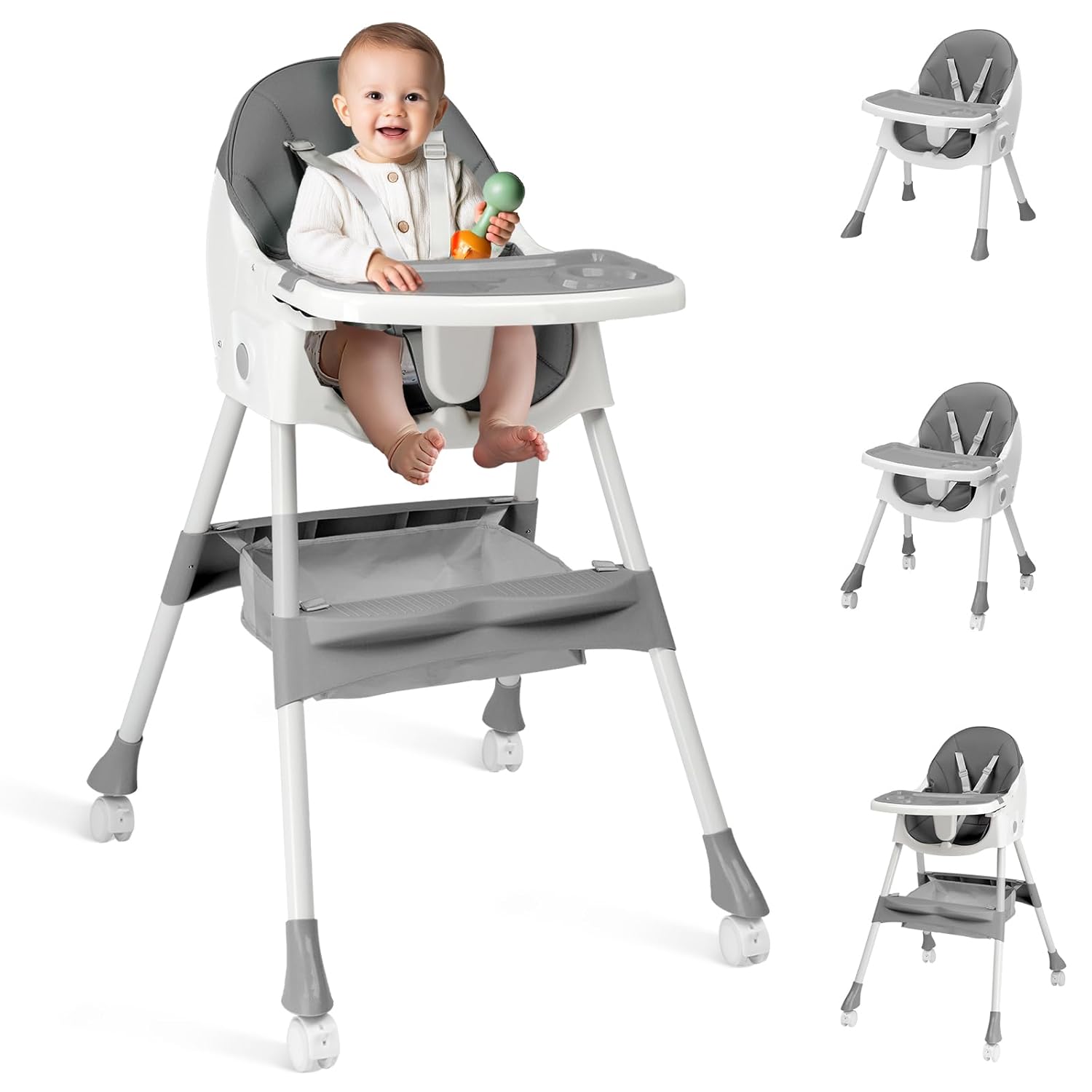 Ktaxon Foldable 2-in-1 Baby High Chair: Portable Highchair with 5-Point Harness, Easy Clean Trays & Storage Bag for Toddlers, Grey