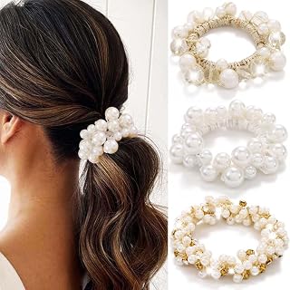 Fashey Pearl Hair Ties White Beaded Ponytail Holder Elastic Fancy Scrunchies Decorative Hair Accessories for Women (Pack of 3)