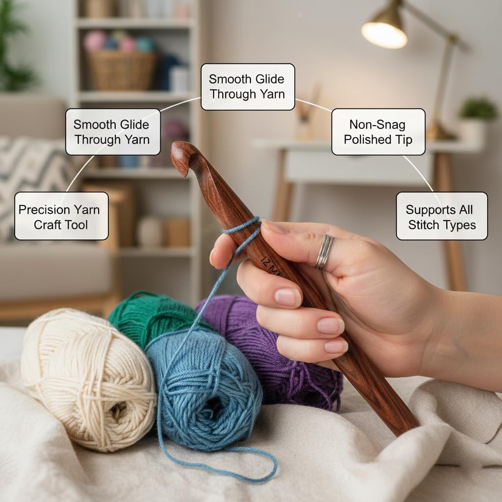 Wooden Crochet Hooks for Arthritic Hands - Ergonomic Soft Grip Handles with Engraved Sizes(3.5mm-25mm) - Rosewood Crochet Hook Set of 15 - for Chunky Yarns Crocheting - Gift for Her(Hooks Only)