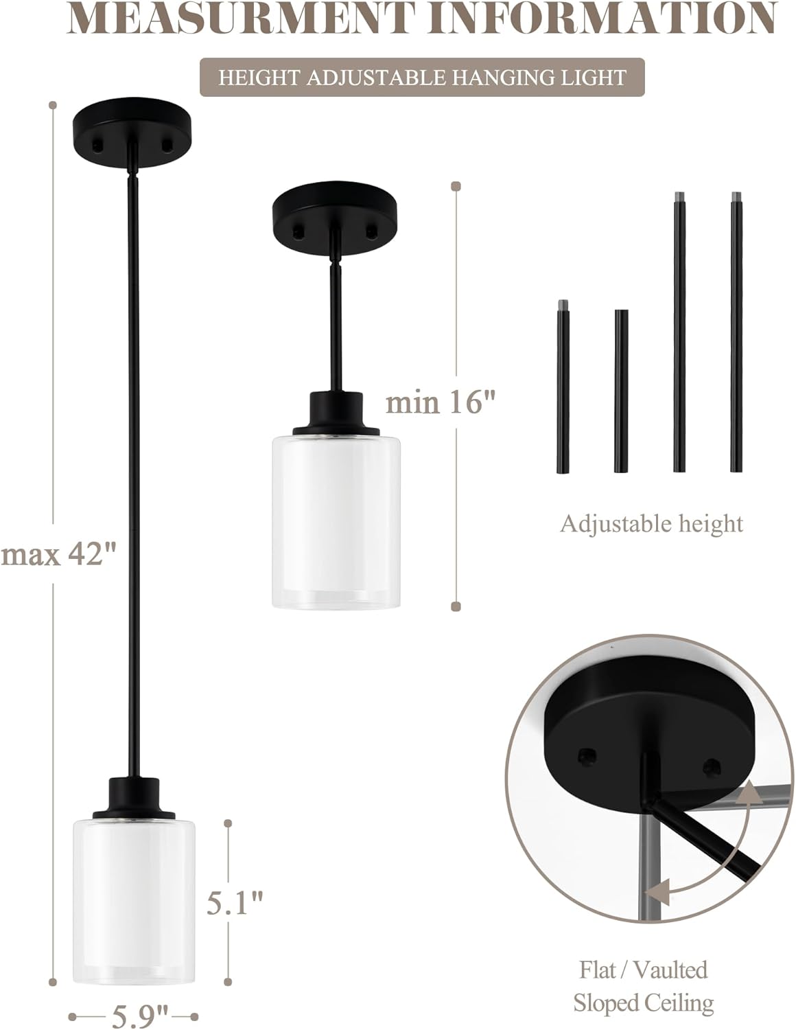 1-Light Mini Pendant Light Fixtures, 2-Pack Modern Hanging Ceiling Lighting, Adjustable Height, Black Pendant Lamp with Dual Glass for Kitchen Island Bedroom