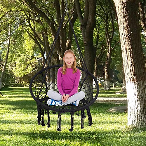 Ldaily Hammock Chair, Outdoor Macrame Swing Chair W/ Backrest & Metal Hoops, Cotton Rope Handwoven Hanging Chair For Bedroom, Balcony, Backyard & Garden, 330Lbs Capacity (Black) #TOP2