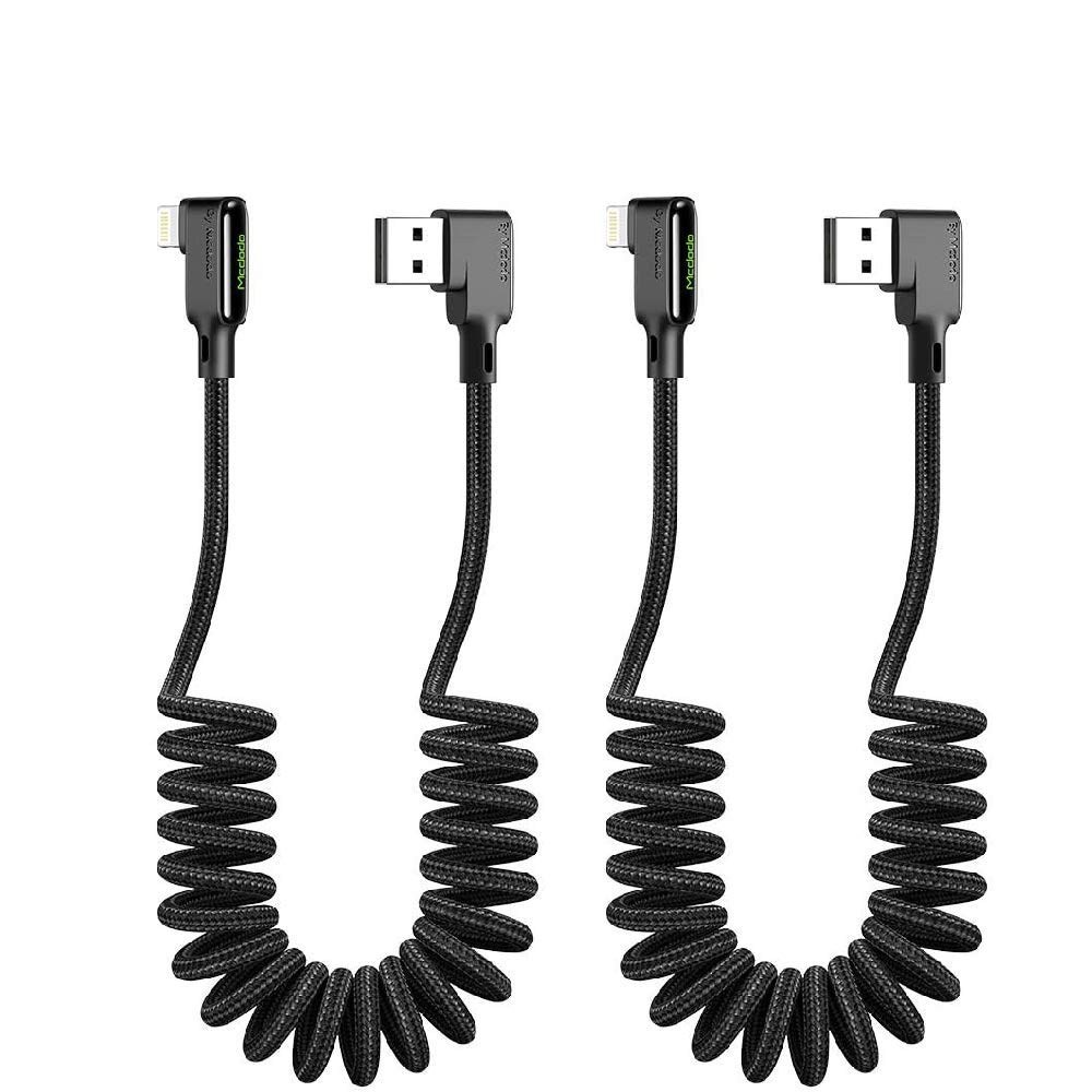 mcdodo [2 Pack] Anti Winding Cable, 90 Degree Retractable LED Coiled Cord Nylon Braided Sync Charge USB Data 6FT/1.8M Cable Compatible Phone 13/12/11 Pro Max XS/Max/XR/X/8//7/Plus/Pad/Pro/Air/2 More