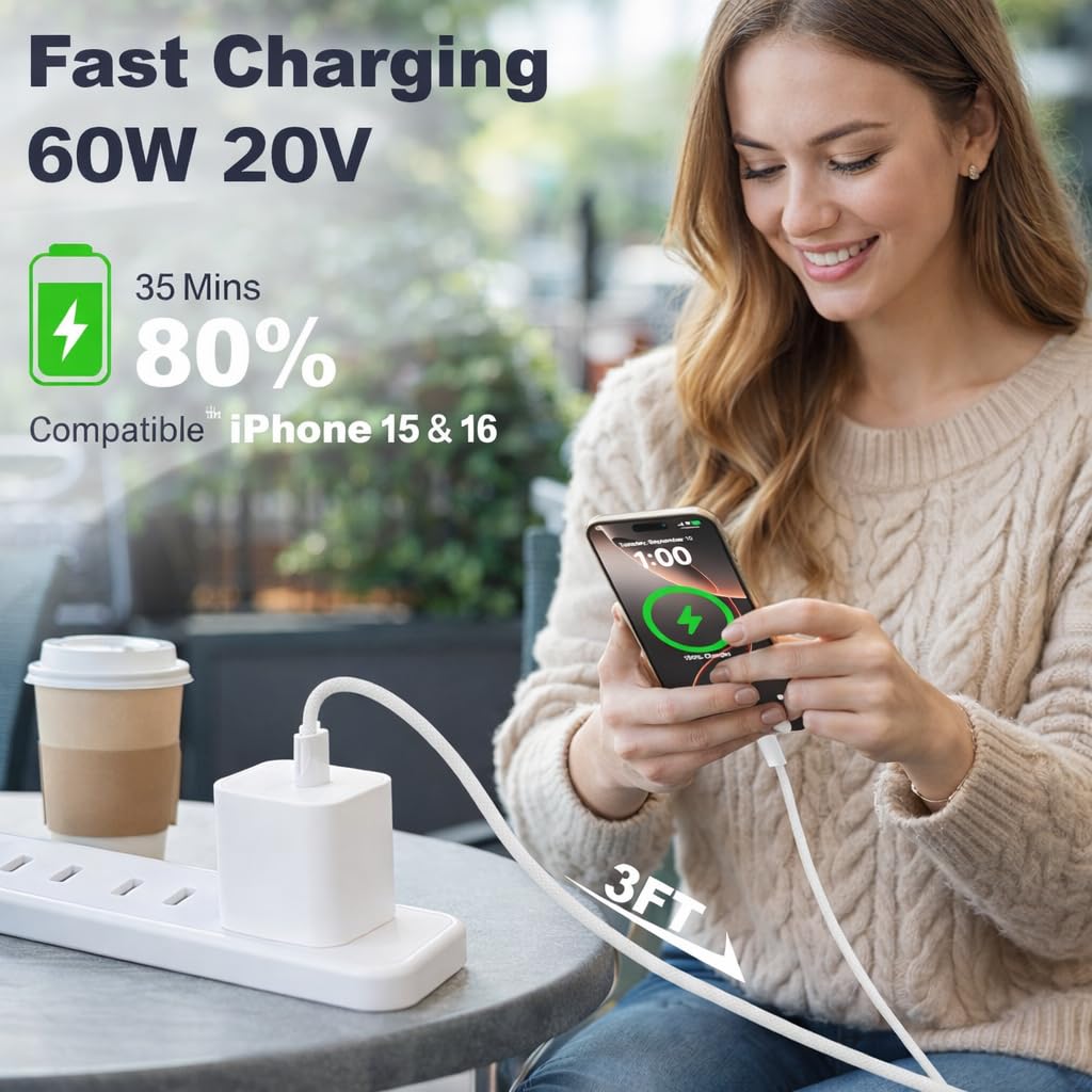 USB-C to USB-C Braided Charging Cable, Fast Charge Nylon Type-C Cable Compatible with iPhone 15 & 16, White