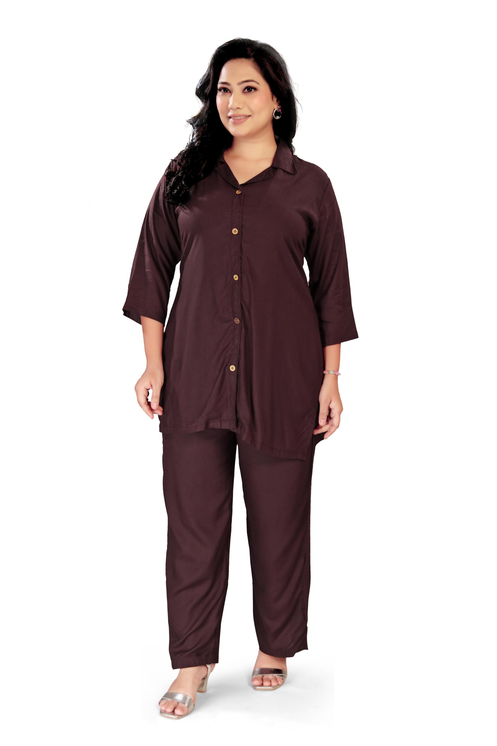 amaira Women's Solid Rayon Co-ord Set | Shirt Collar Button-Down Top & Straight Pants | 3/4 Sleeves | Regular Fit | Casual, Office & Lounge Wear | L, XL, XXL-picture-17