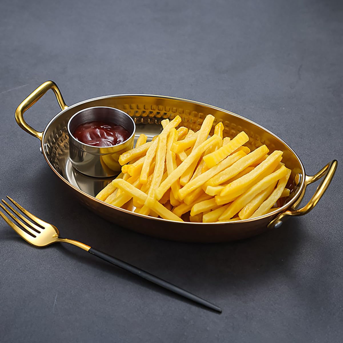 Plato ovalado de acero inoxidable para mariscos, filetes, aperitivos, plato de buffet de doble asa, 18 x 12,5 x 3 cm