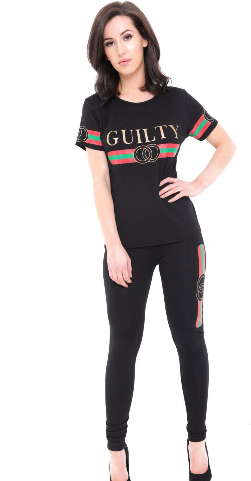 Womens Short Sleeve Guilty Print Tracksuit Ladies TOP & Bottom Loungewear Set