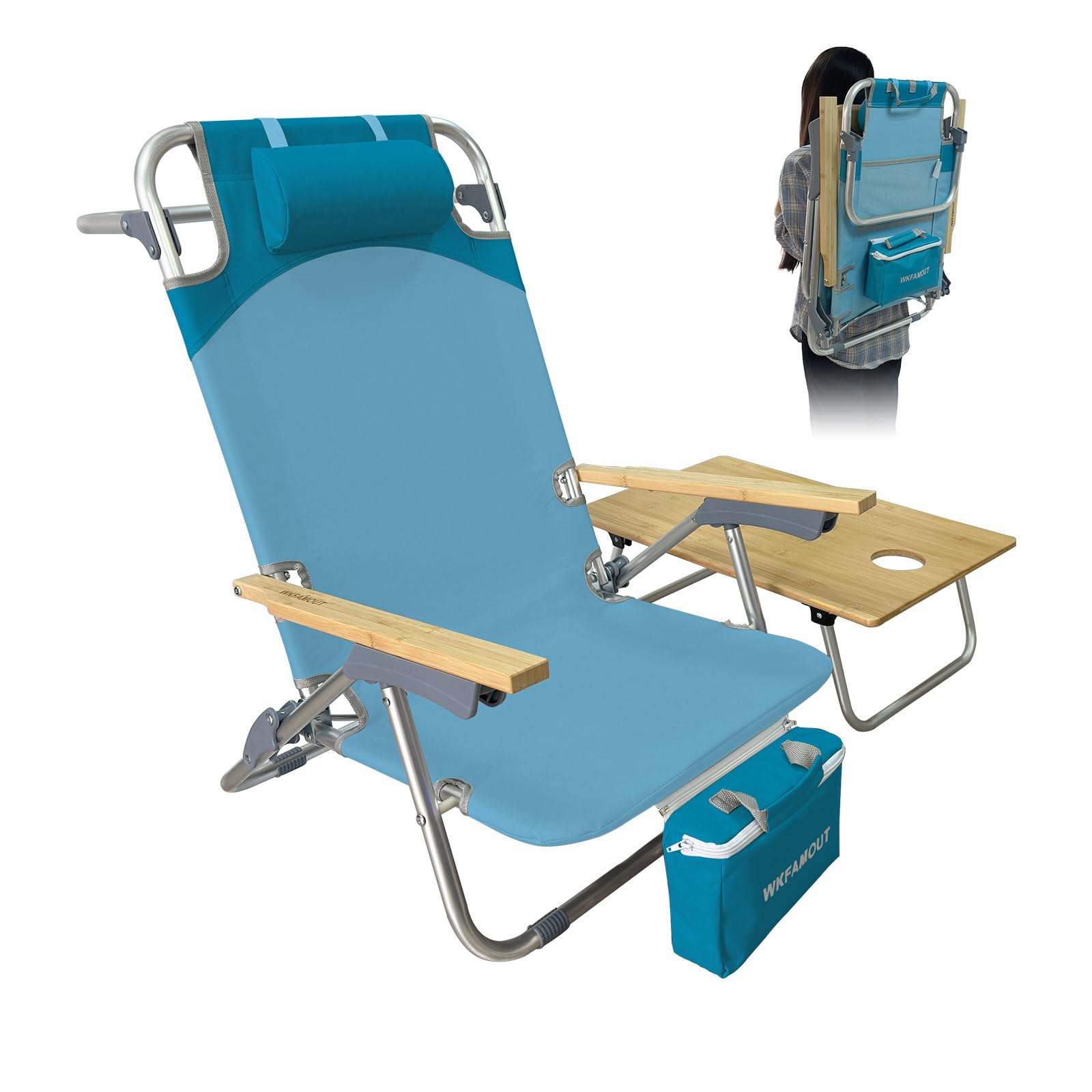 folding backpack beach chair aluminum 5-position with samll camping table bamboo lay flat lounge chair outdoor for adults with insulated cooler bag