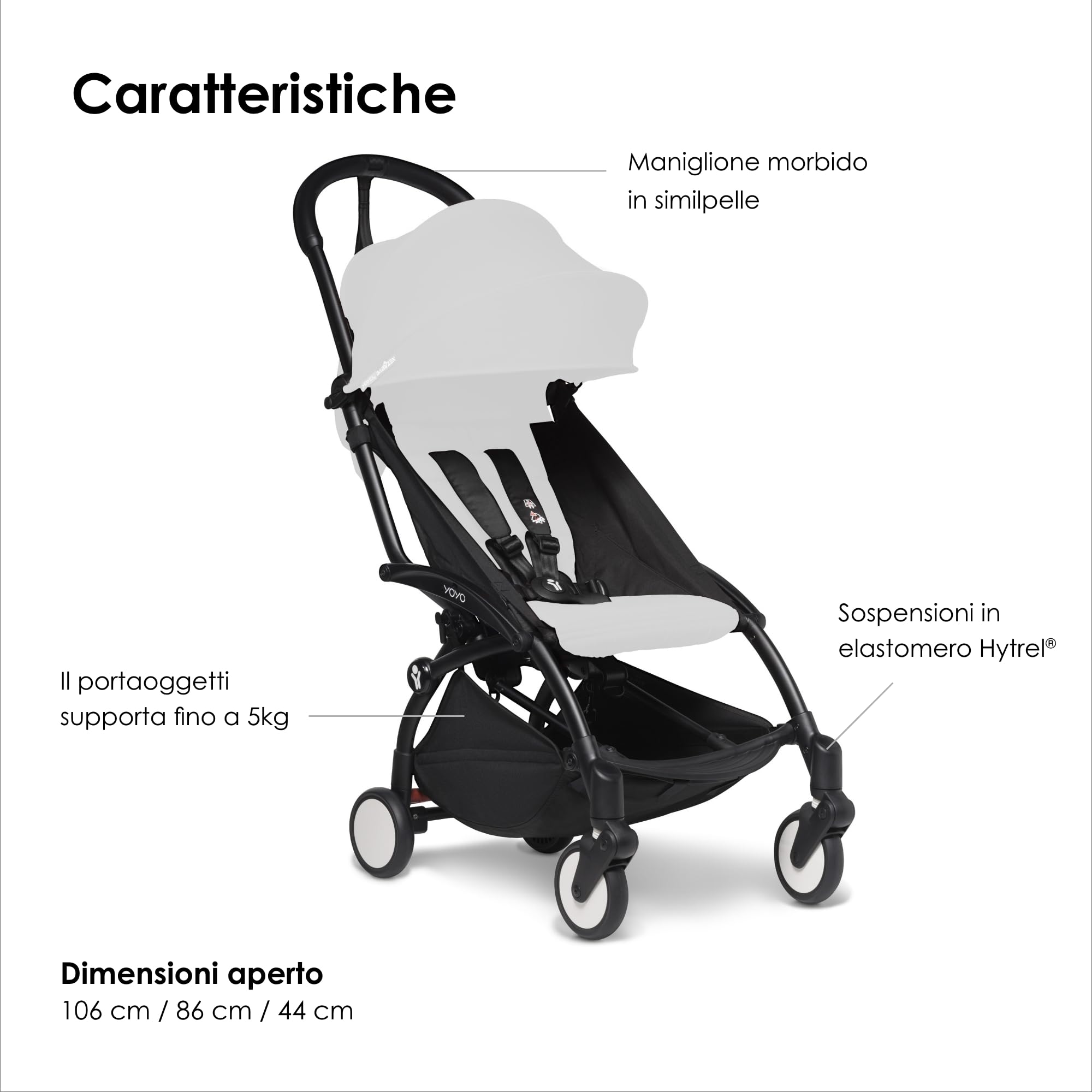 Telaio per passeggino BABYEN YOYO2, Nero - Tessuto non incluso - Include l’imbracatura a 5 punti, lo schienale reclinabile, i supporti della capottina, la tracolla e la custodia protettiva