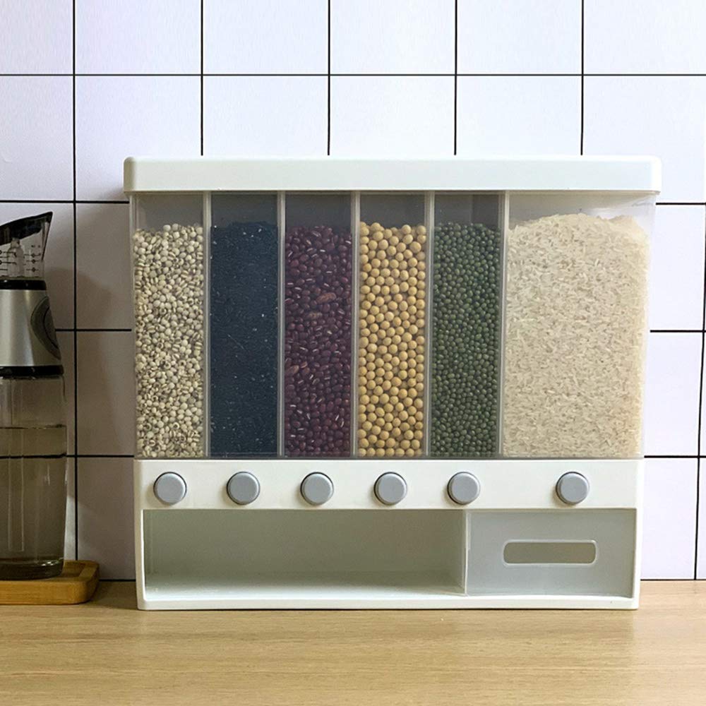 Distributeur de Riz et de CéRéAles Divisé Mural 10KG 6 Supports Automatiques en Plastique éTanche Une L'Humidité BoîTe de Rangement des Aliments ScelléE
