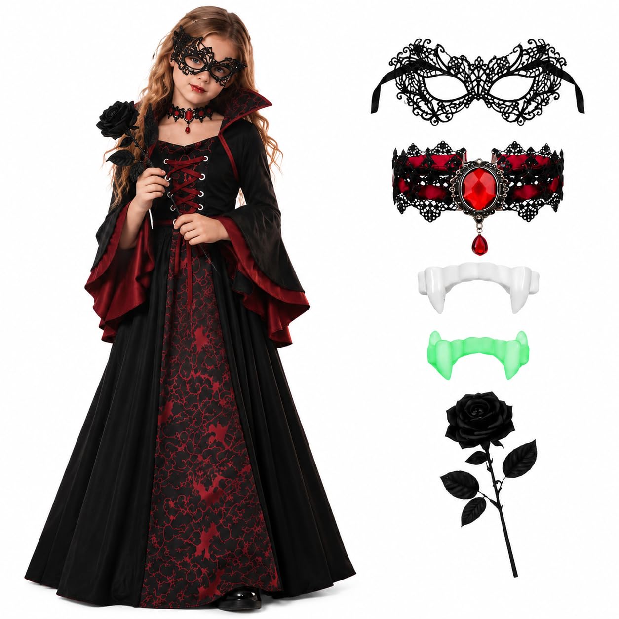 Genérico Disfraz de Vampiro Niña -Disfraz de Bruja Reina Vampiresa -Vestido