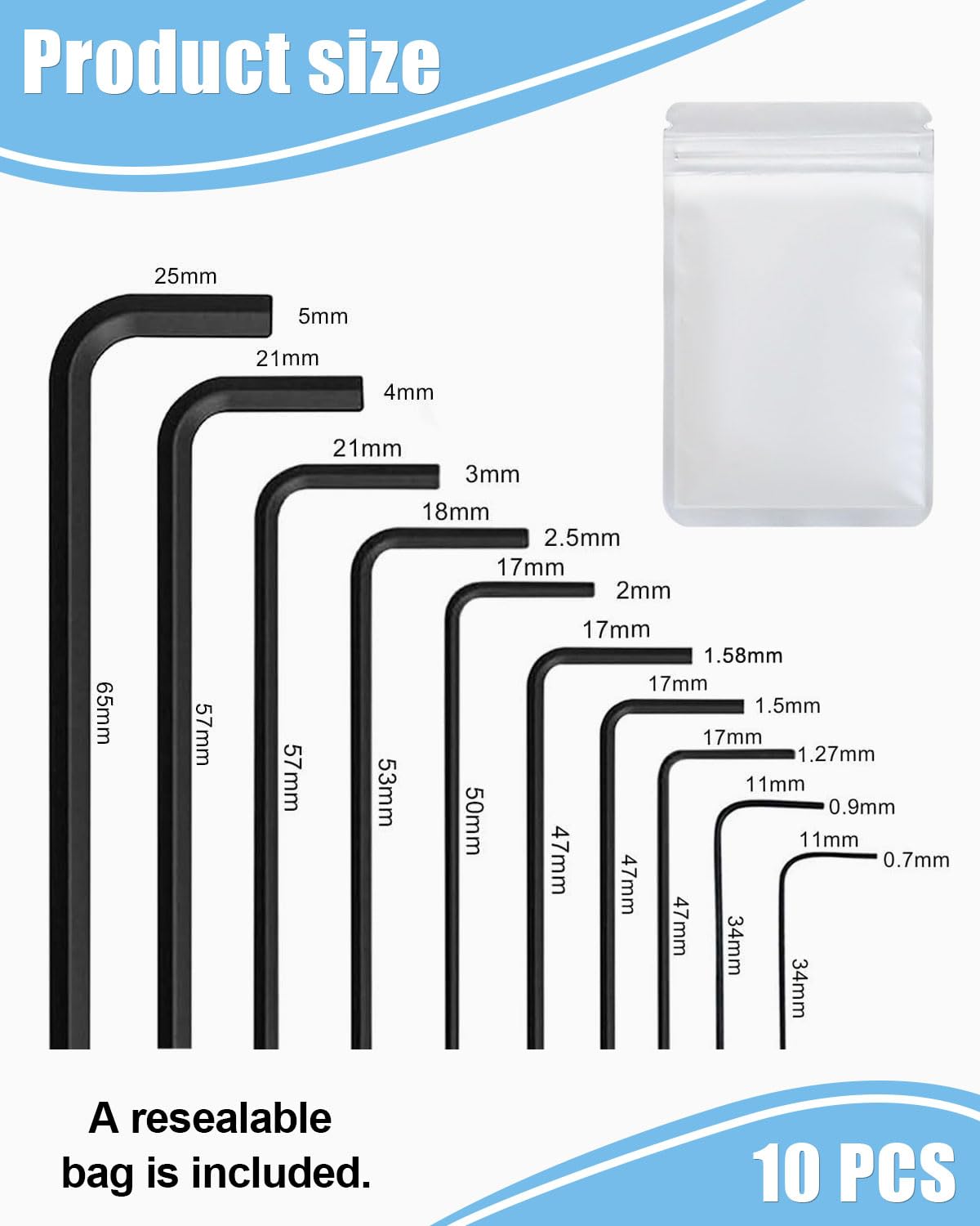 GRETY Set di 10 Chiavi Esagonali Mini, 0.7-5mm, Chiavi a Brugola in Acciaio al Carbonio Nero, Set di Utensili per Riparazione Biciclette e Montaggio Mobili - 2