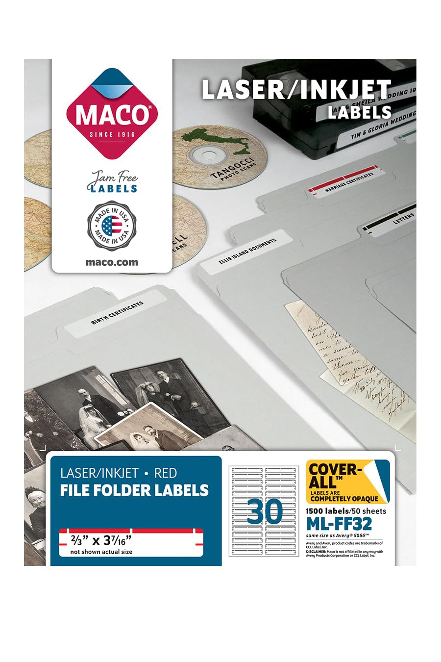 Maco laser/Ink Jet Red file Folder Labels, 2/3 x 3 – 7/40,6 cm, 30 per Sheet, 1500 per box (ml-ff32)