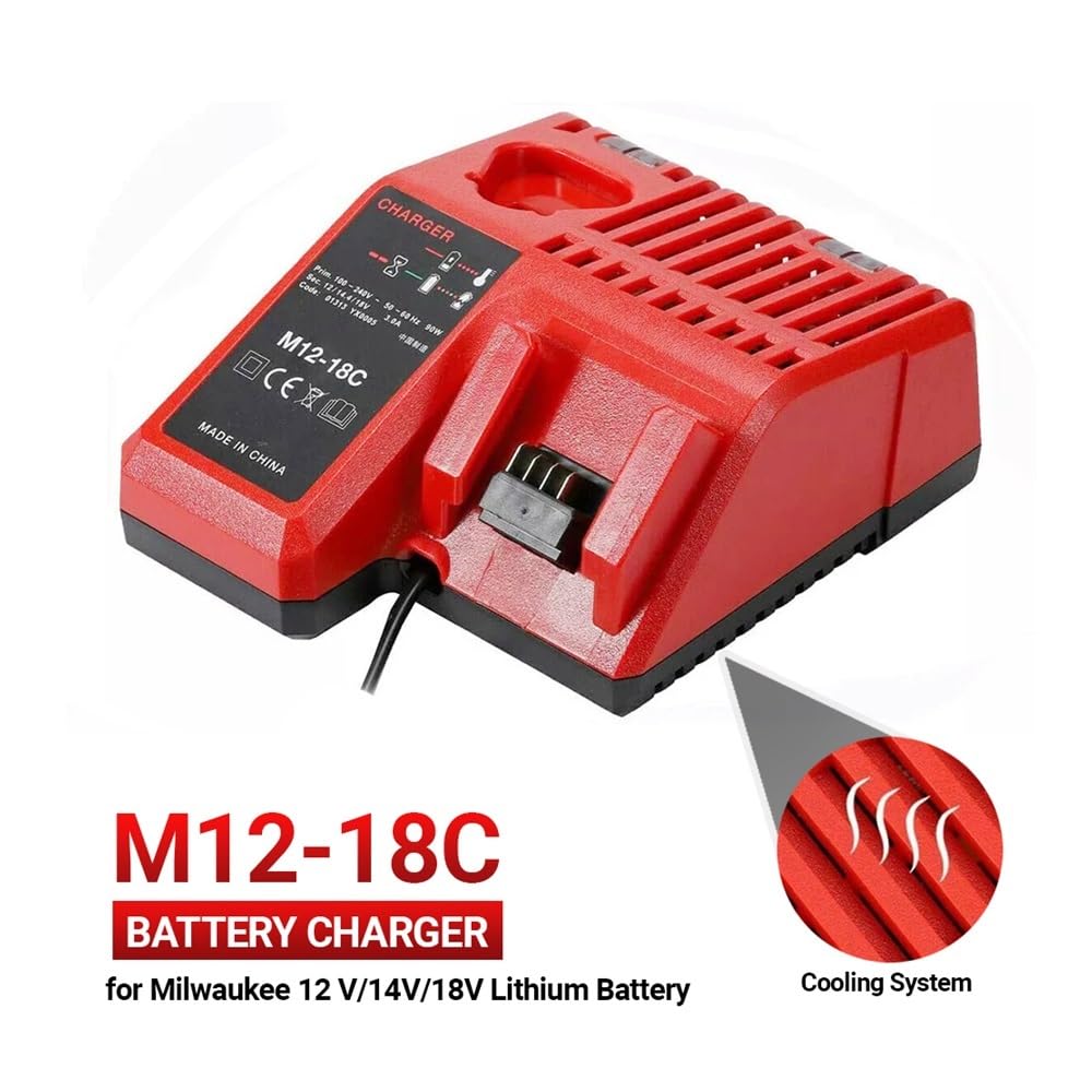 M12-18C Caricabatteria agli ioni di litio compatibile for Milwaukee 12 V 14.4 V 18 V C1418C 48-11-1815/1828/1840 M18 M14 M12 Batteria al litio(UK Plug)