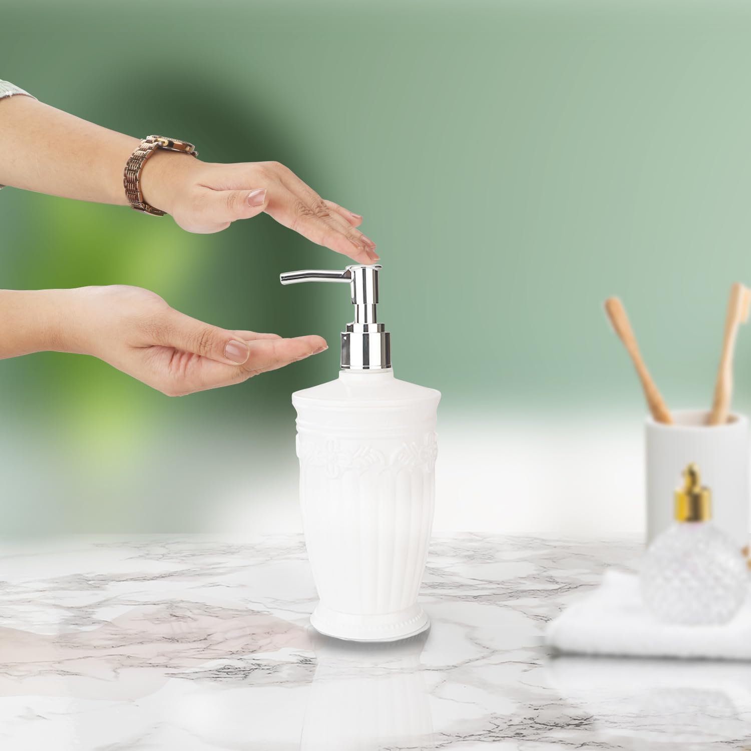 Nayasa Bianca Soap Dispenser Set of 2, Classy Embossed Floral Design Liquid Soap Dispenser with Pump, Can Be Used for Handwash, Lotion, Sanitizer, Shampoo, for Home & Kitchen, White 3