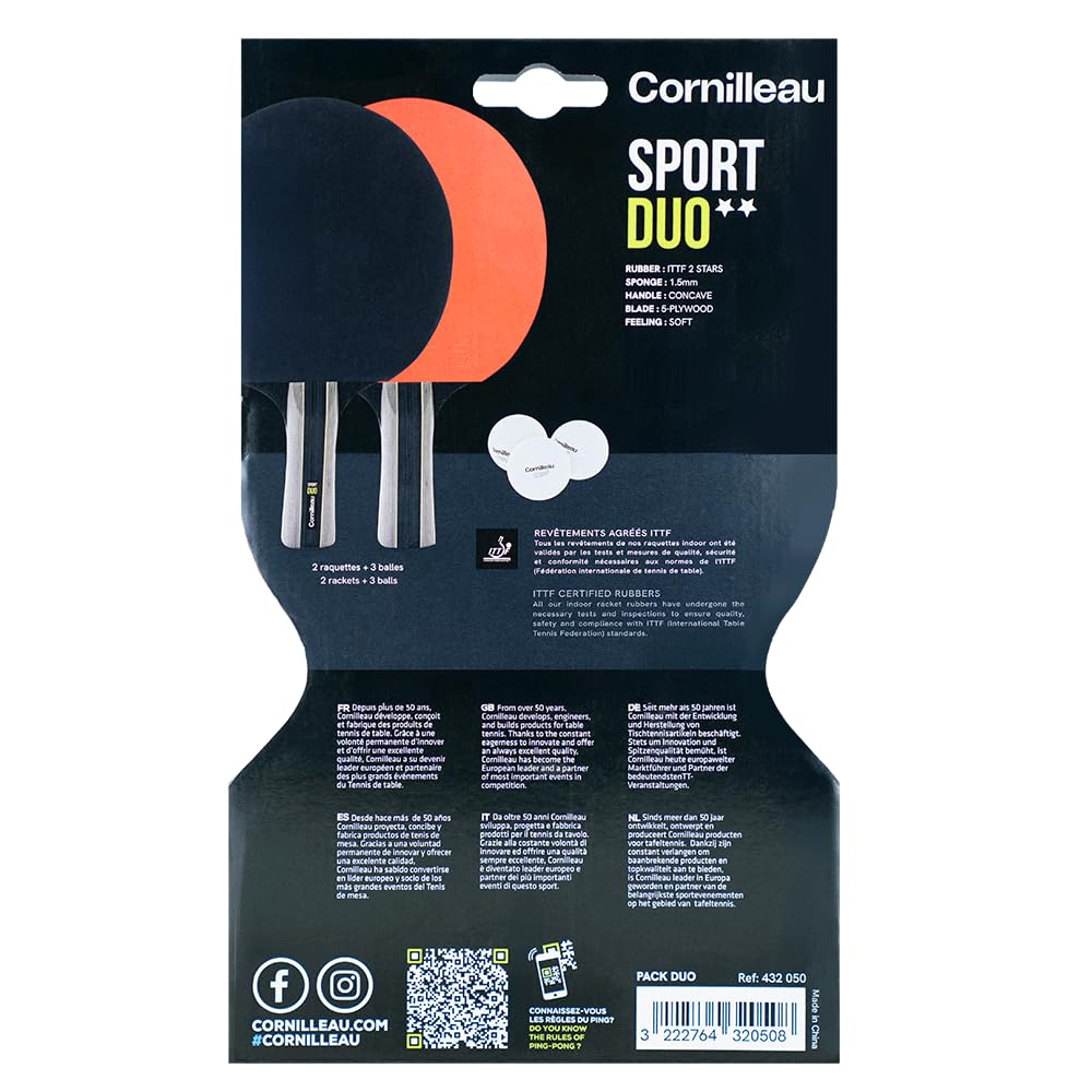 CORNILLEAU - Pack 2X Raquettes et 3X balles de ping-Pong - Sport Pack Duo - Revêtement ITTF