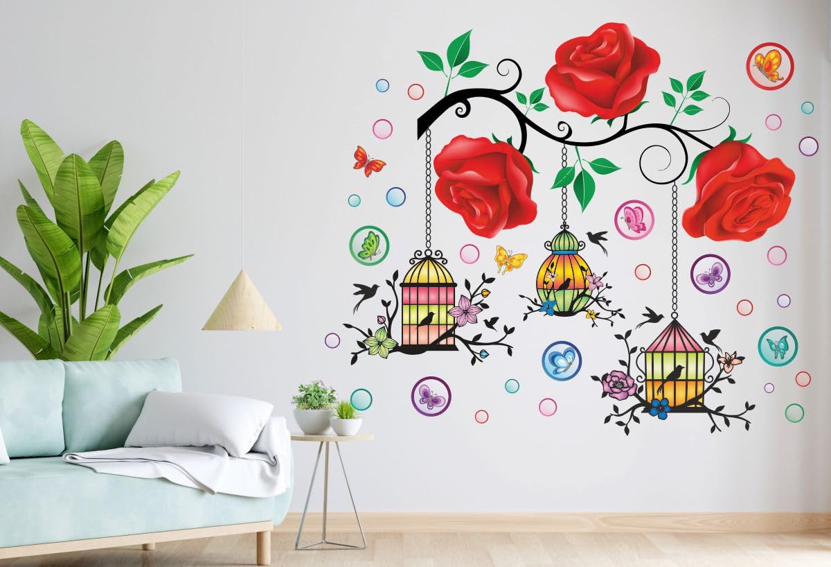 Delight Art Rose,Leaf,Butterflies,Hanging Cages Design Wall Sticker Size - (85 * 70) cm