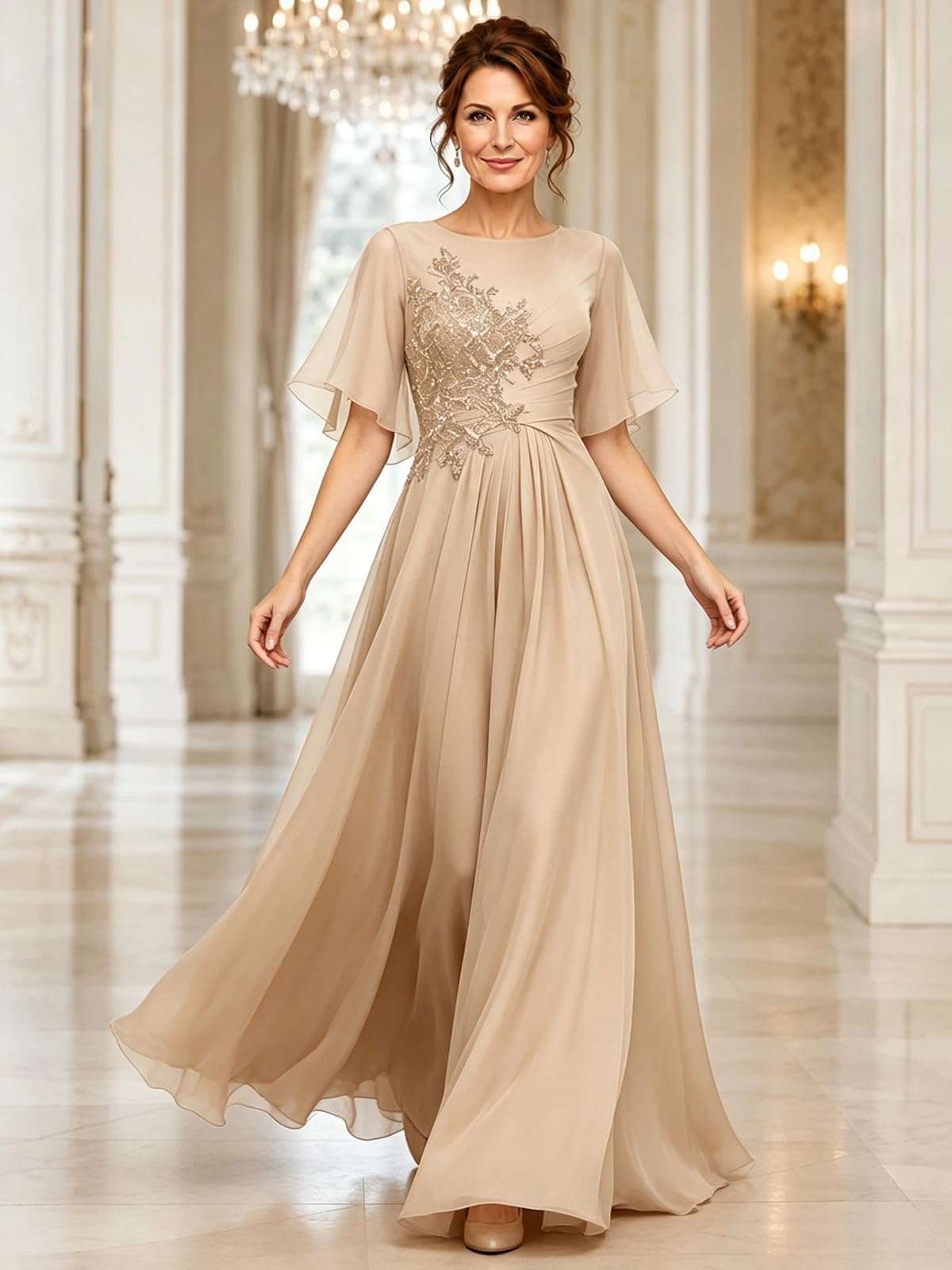 Chiffon Brautmutterkleider mit Spitze lang A-Linie Kurze Ärmel Elegant formelle Abendkleider für Hochzeiten