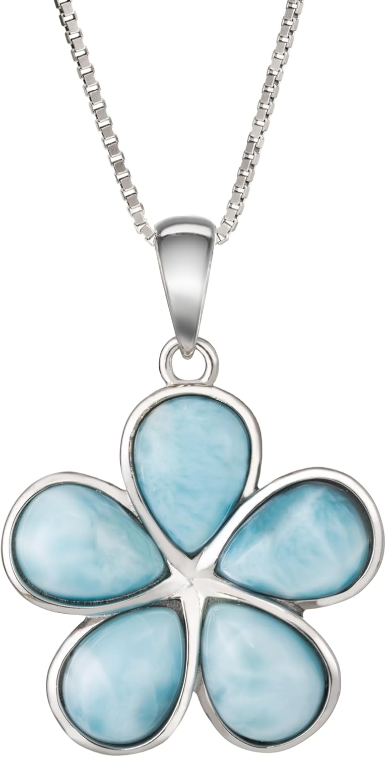 Sterling Silver Natural Larimar Plumeria Flower Necklace Pendant with 18" Box Chain, Nickle Free Hypoallergenic for Sensitive Skin, Gift Box Included