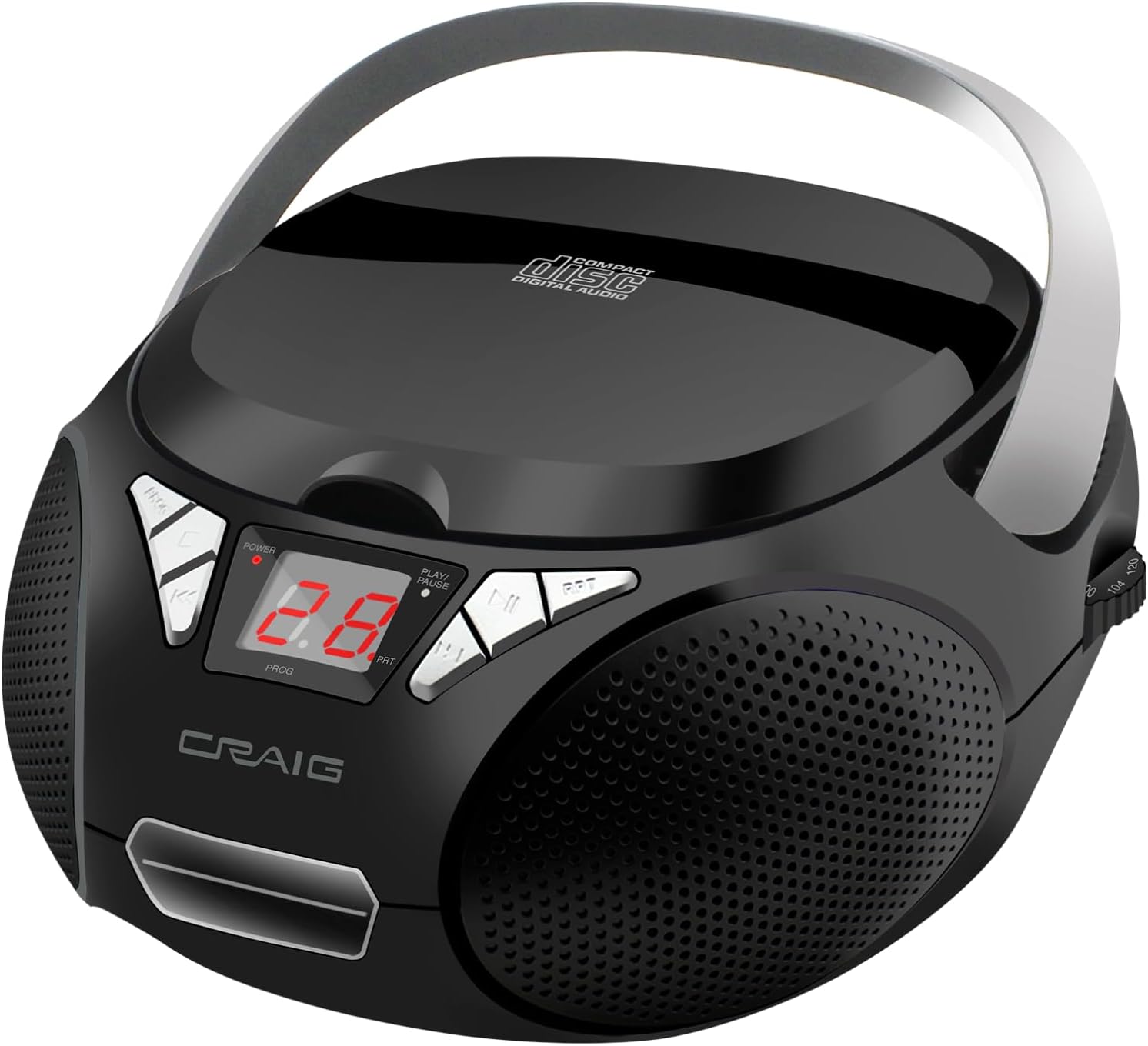 Craig CD6925 Portable Top-Loading Boombox with AM/FM Radio - Black, LED, Programmable, CD-R/CD-W, Auxilary Port