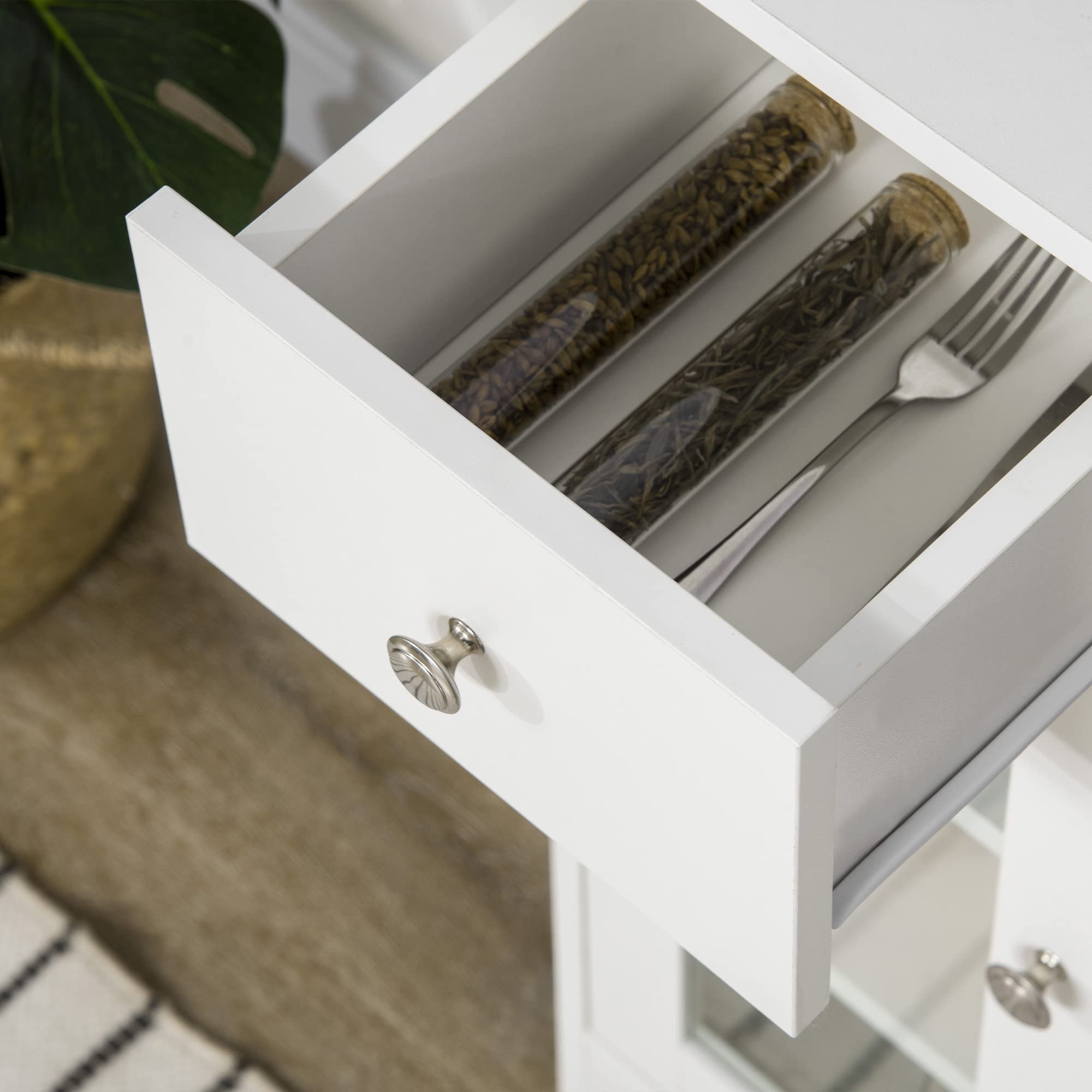 HOMCOM Credenza Cucina con Vano Aperto, Armadietti, Anta in Vetro e Cassetto, Mobile Cucina con Ripiani Regolabili, Buffet Credenza per Sala da Pranzo e Soggiorno, Design Moderno, 80x30x82 cm, Bianco