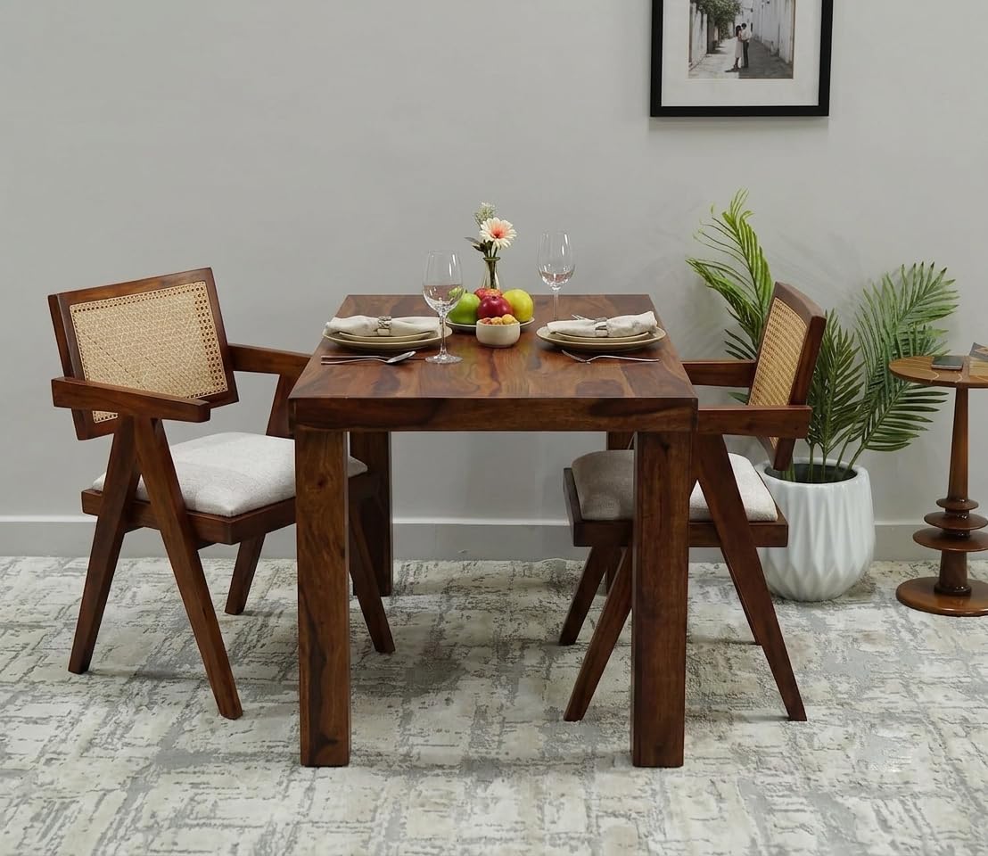 Wood 2 Seater Dining Table with Chair | Wooden Dining Table 2 Seater for Living Room || Folding Dining Table || Cane Chairs for Balcony || Arm Chair with Cushion || 2 Seater Honey Finish-image-41