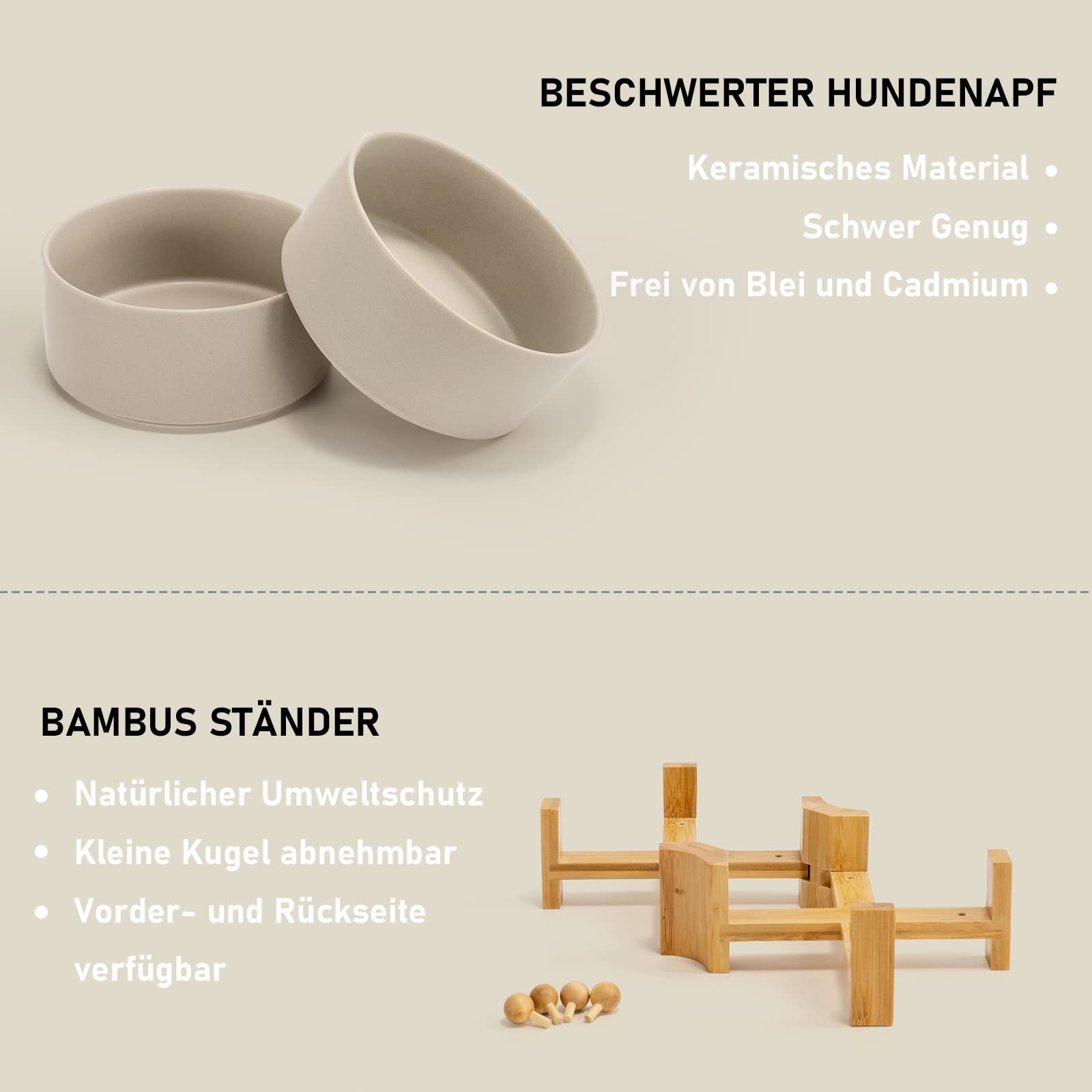 SPUNKYJUNKY Kippbarer Hundenapf Keramik Doppel Hund Futternapf mit Bambus Ständer 0° und 15° Neigungswinkel für Haustiere Katzen und Welpen Großes Gesicht Hund (850ml, Grau × 2)