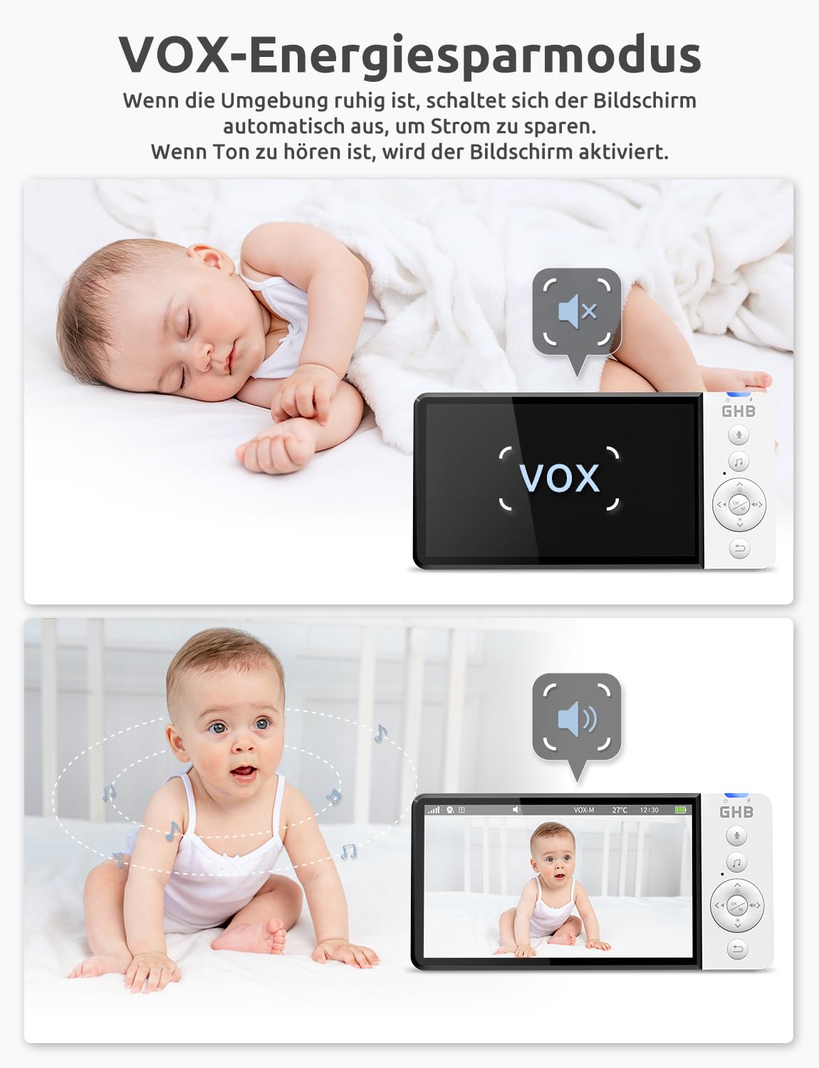 GHB Babyphone mit Kamera 5 Zoll HD 5000mAh IPS-Display 720P VOX-Modus 4X Zoom Nachtsicht Temperaturanzeige Zwei-Wege-Audio manuell drehbar - 5