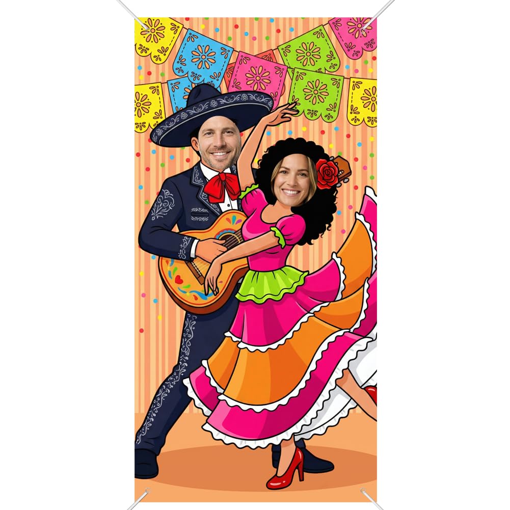 SUPERDANT Mexico Dancing Photo Prop Banner Cinco de Mayo Couple Photo Door Banner Fabric Reusable Waterproof Hanging Backdrop Decor for Dance Party Festival Banquet Supplies 180x90cm
