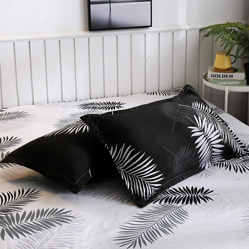 Bettwäsche 135x200 4teilig Schwarz Weiß Palmenblätter Wendebettwäsche Set | Oeko tex, Microfaser, Tropische Blätter, Wende, Bettbezug, Reißverschluss, 2 Kissenbezug 80x80cm