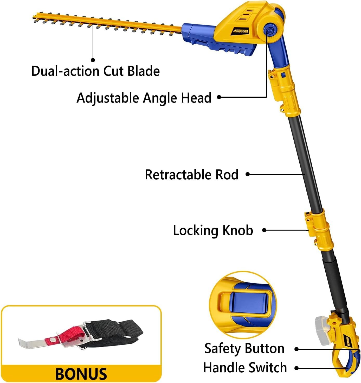Cordless Pole Hedge Trimmer for Dewalt 20V Max Battery,16'' Dual Action Blades,8-Feet Reach,Electric Hedge Trimmer with Extension Pole,Bare Tool Only