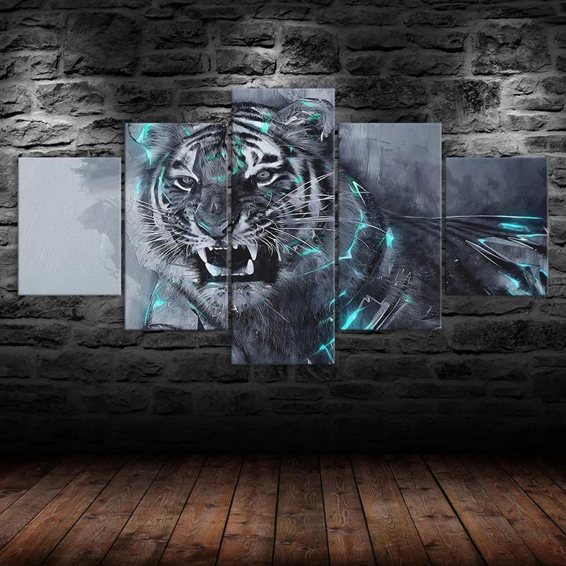 RAPSANI 5 piezas de lienzo de arte de pared,5 piezas lienzo Escena abstracta animal de tigre blanco rugiente,Cuadros Decoracion Salon 5 Piezas Cuadro Moderno XXL,Cuadro sobre Lienzo 150x80cm