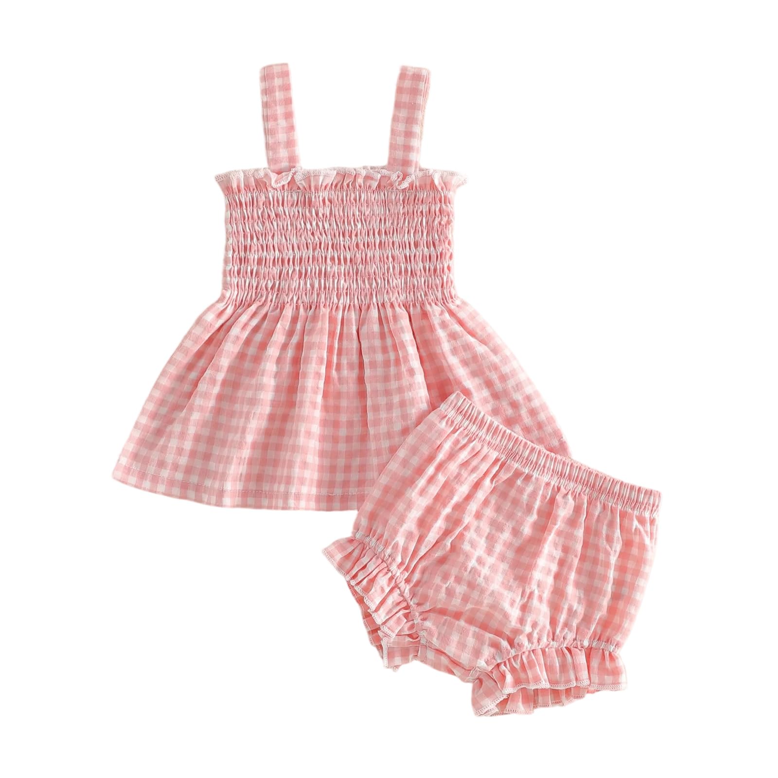 Toddler Baby Girl Summer Clothes Infant Girl Plaid Outfit Strawberry Ruffle Gingham Shirts Dress Tank Top Shorts Set — view 29
