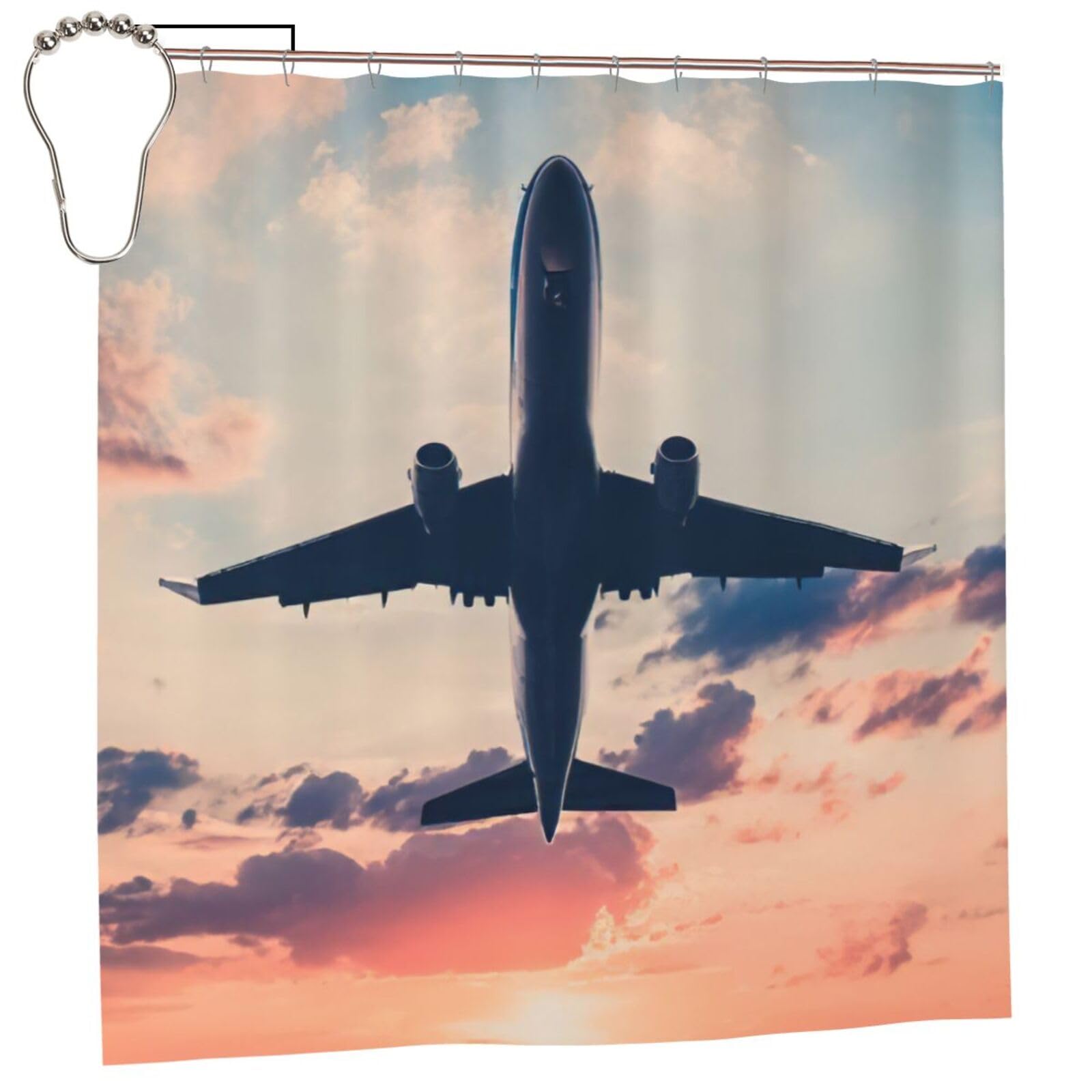 Rideau de douche imprimé avion ciel coucher de soleil 183cm