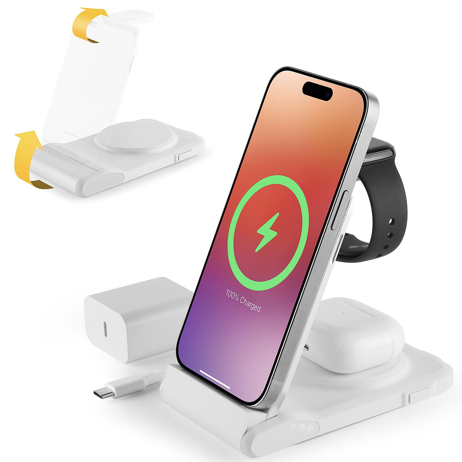3-in-1-Ladestation für mehrere Geräte, kabellose Reise-Ladestation, faltbares Ladegerät für iPhone 16/15/14/13/12/SE/11/X/8 Serie, Android-Handy, AirPods und iWatch (USB-C-Adapter im Lieferumfang
